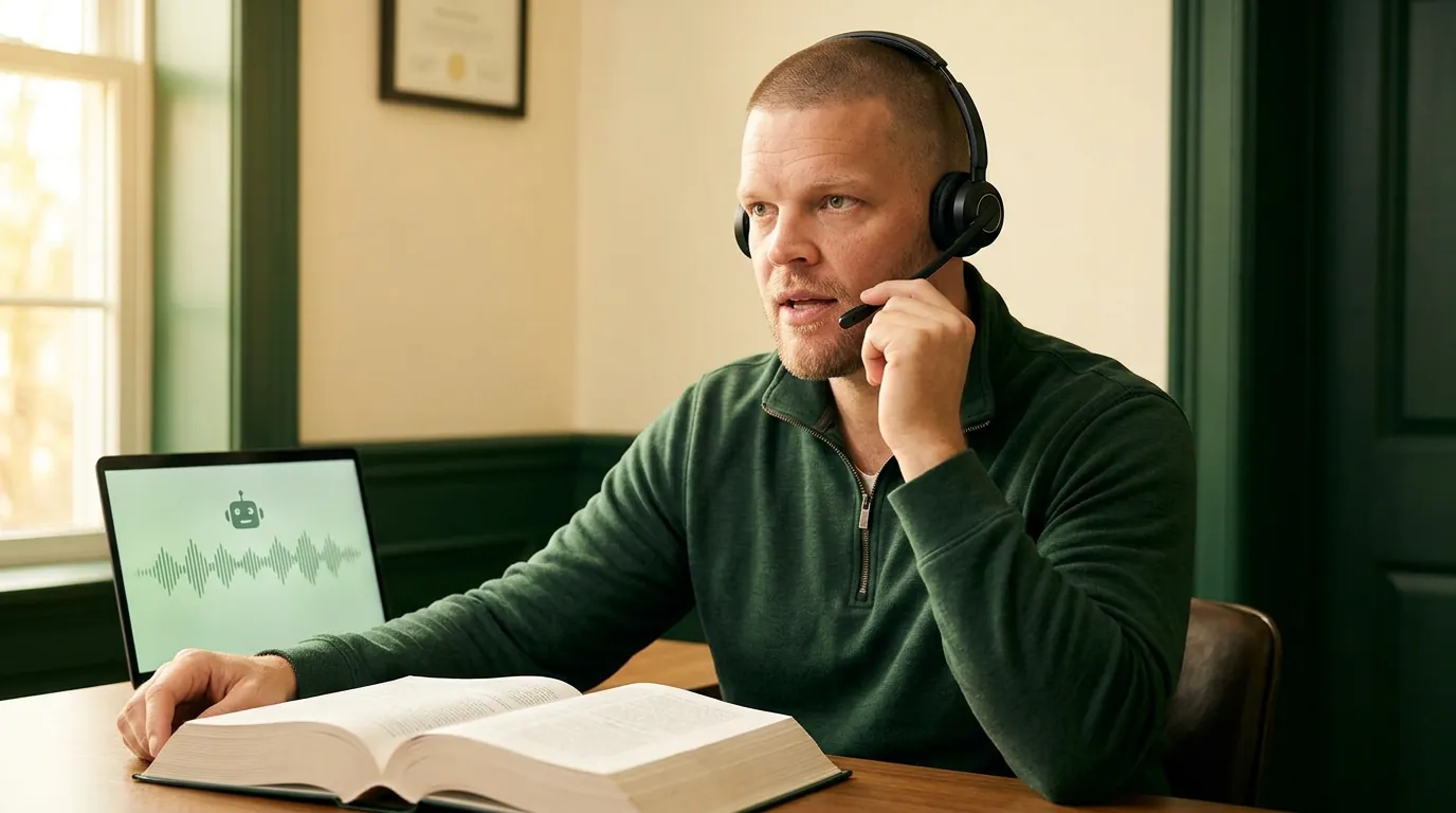 Mike Moore speaking into a headset beside a laptop showing an AI voice waveform, a law book open on the desk
