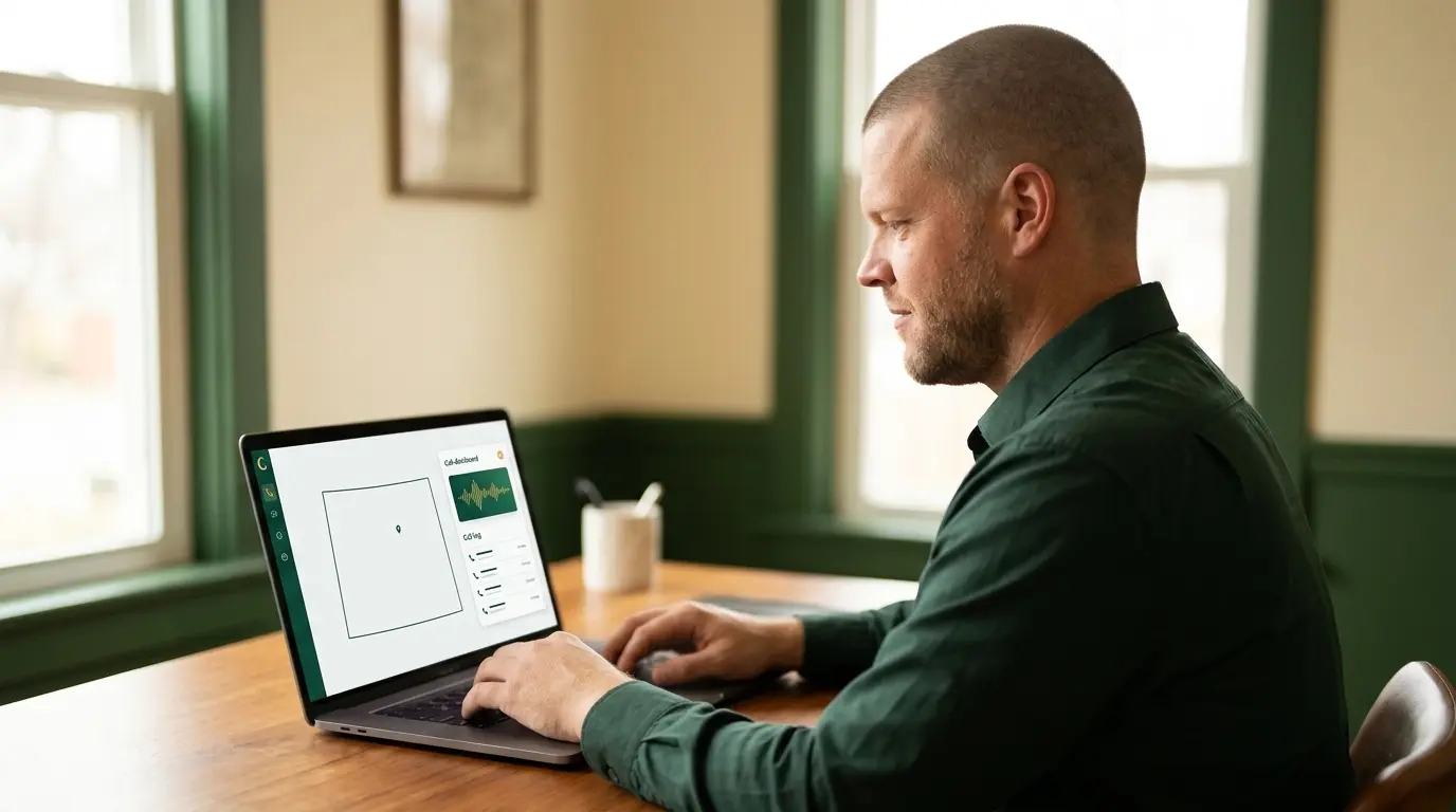 Mike Moore, founder of TheAffordableAI, at a warm wood desk reviewing a laptop showing a Colorado state outline overlaid with a call-compliance dashboard, representing an insurance agency reviewing Colorado's new AI Act before it takes effect