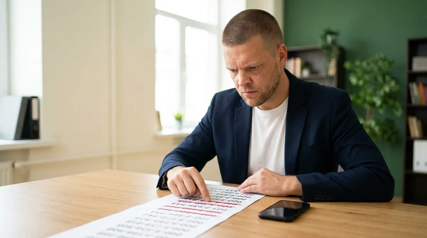 Mike Moore running his finger down a printed list of lead phone numbers with several rows struck through in red