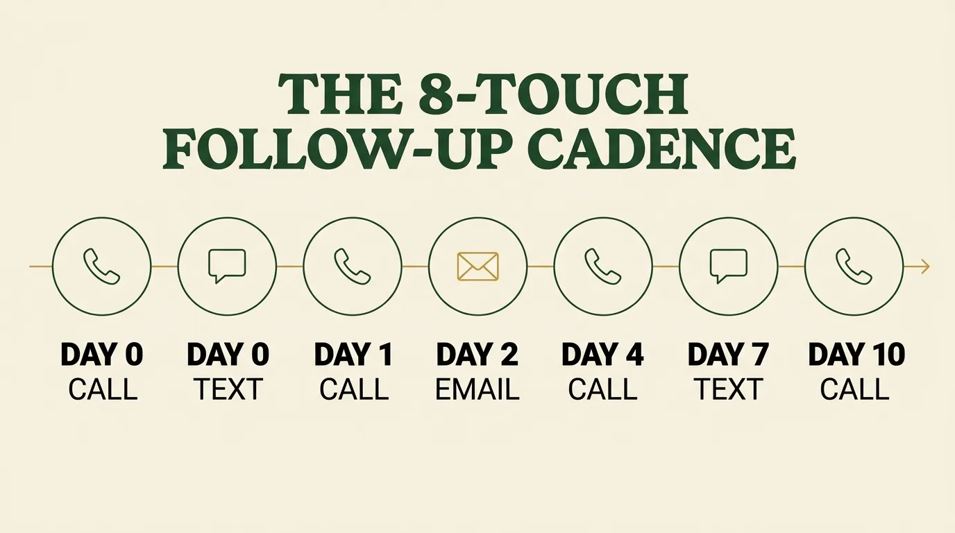 Infographic titled The 8-Touch Follow-Up Cadence showing a timeline of seven labeled contact attempts: Day 0 call, Day 0 text, Day 1 call, Day 2 email, Day 4 call, Day 7 text, and Day 10 call