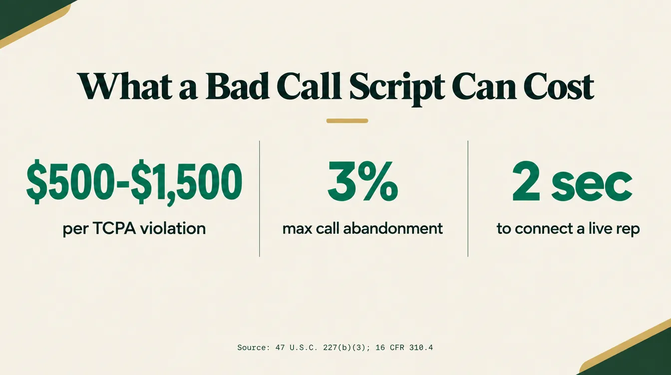 Stat card titled What a Bad Call Script Can Cost, showing three sourced figures: five hundred to fifteen hundred dollars per TCPA violation, sourced to 47 U.S.C. 227(b)(3); three percent max call abandonment; and two seconds to connect a live rep, both sourced to 16 CFR 310.4