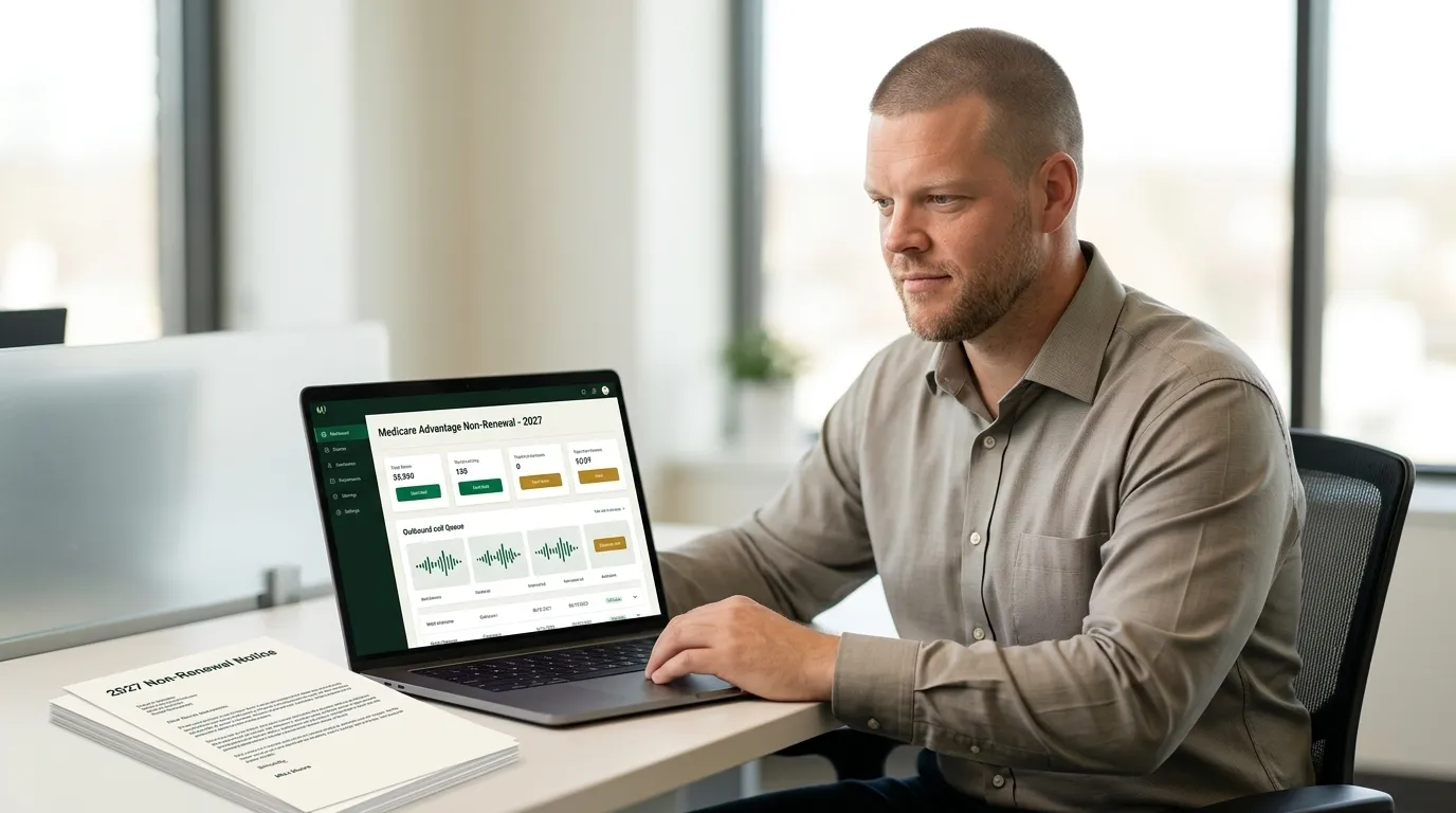 Mike Moore, founder of TheAffordableAI, at his desk reviewing a Medicare Advantage non-renewal notice list and a live call queue dashboard, representing an agency working a forced disenrollment book ahead of the 2027 plan year