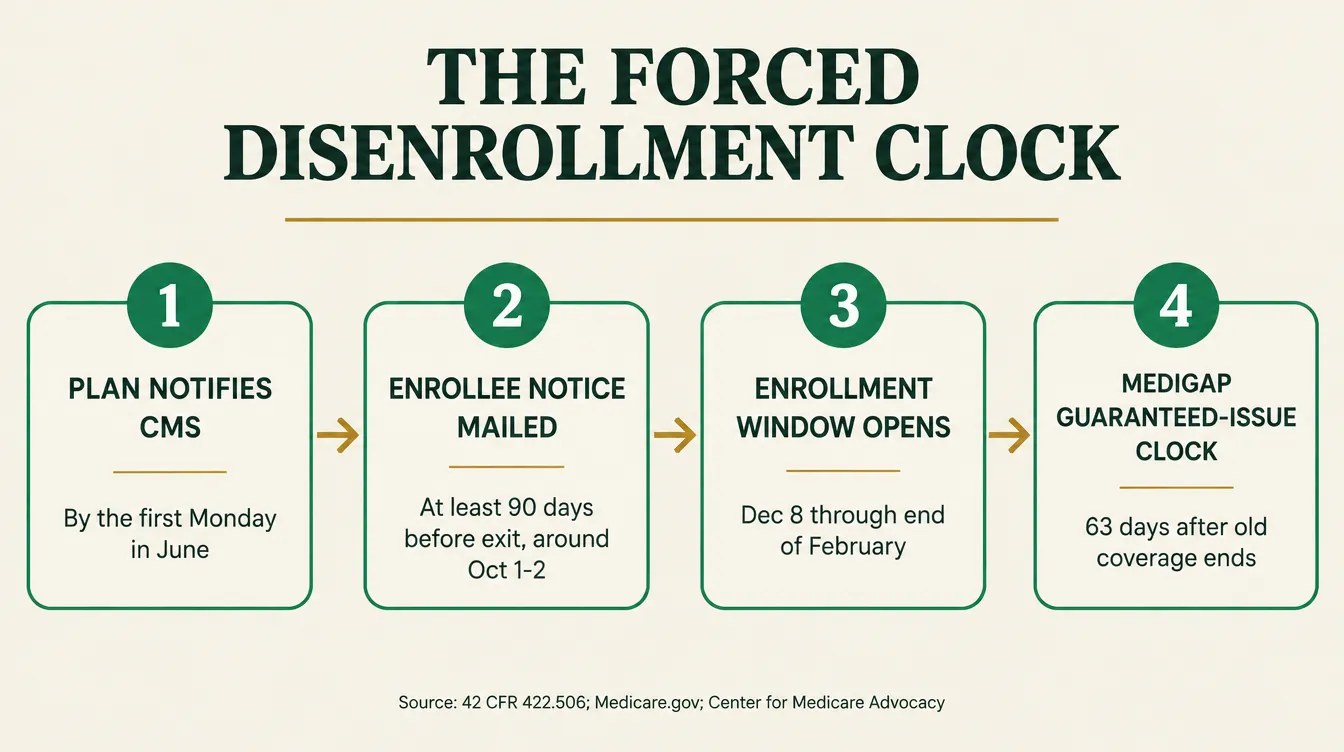 Infographic titled The Forced Disenrollment Clock, showing four steps: Step 1, plan notifies CMS of non-renewal by the first Monday in June; Step 2, plan mails enrollees a written notice at least 90 days before the exit date, landing around October 1 to 2 for a December 31 contract end, per 42 CFR 422.506; Step 3, the Special Enrollment Period for a non-renewal runs December 8 through the last day of February, per Medicare.gov; Step 4, a member has 63 days after old coverage ends to use a guaranteed-issue right to buy select Medigap plans without medical underwriting, per the Center for Medicare Advocacy.