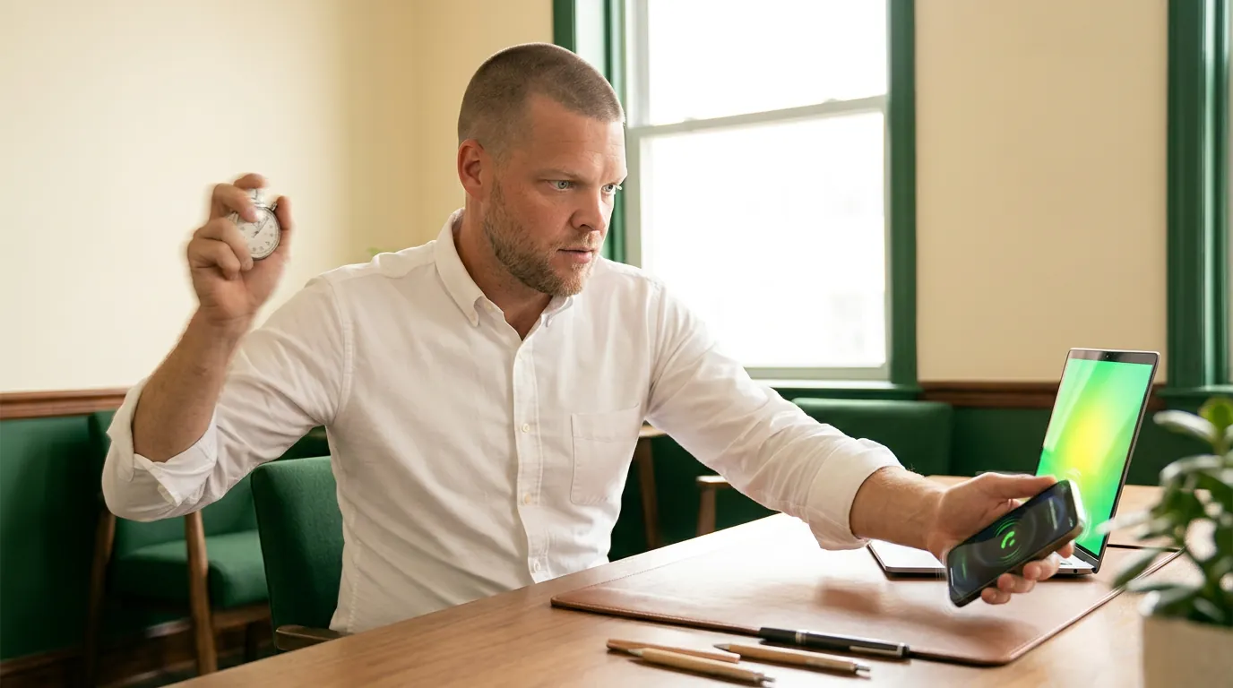 Mike Moore holding a stopwatch while grabbing a ringing phone as a new lead lands on his laptop