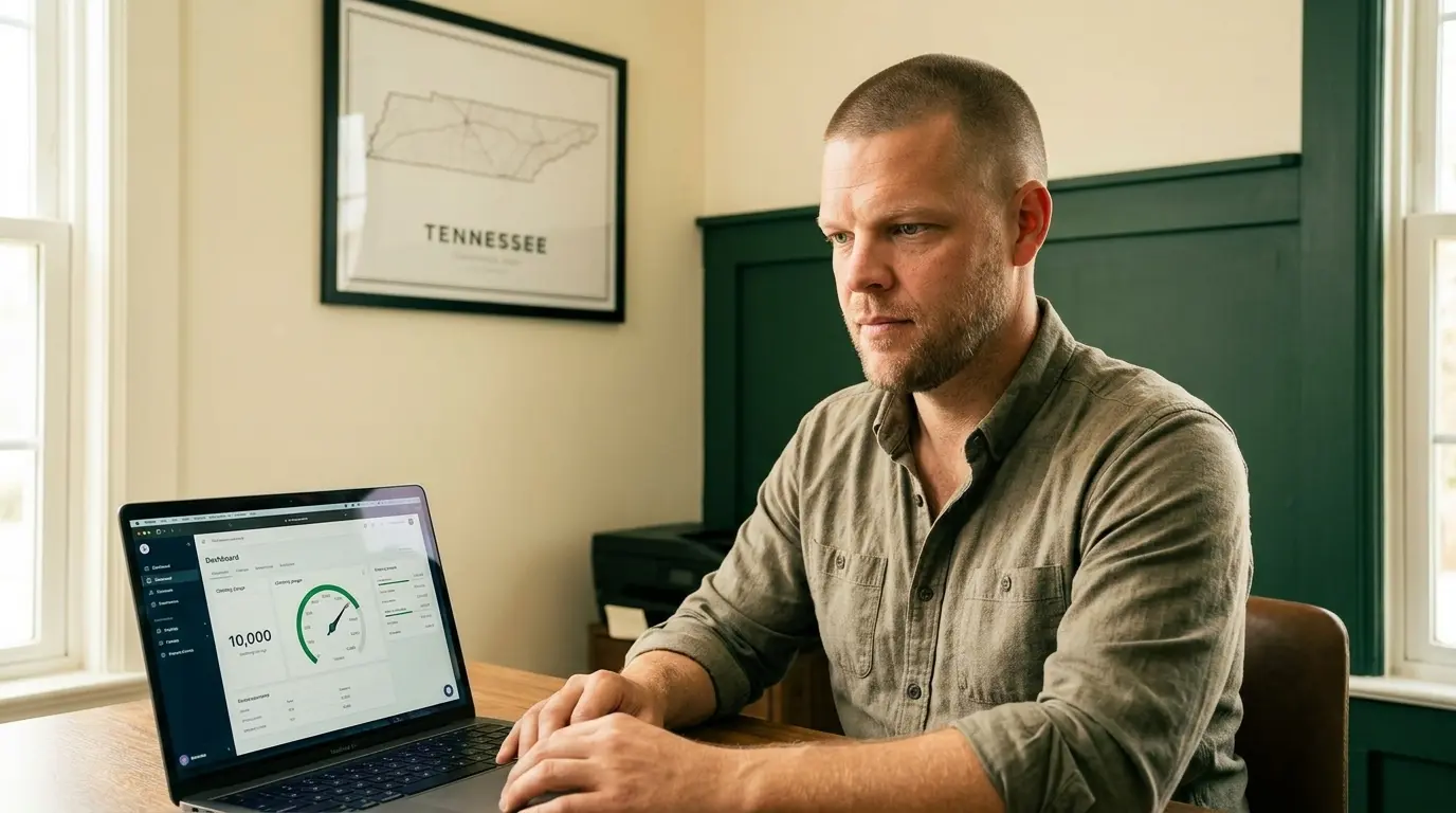 Mike Moore, founder of TheAffordableAI, reviewing a laptop showing a monthly call-volume dashboard with a counter approaching a 10,000 limit and a Tennessee state outline on the wall behind him, representing an insurance agency tracking automated call volume ahead of Tennessee's new robocall law