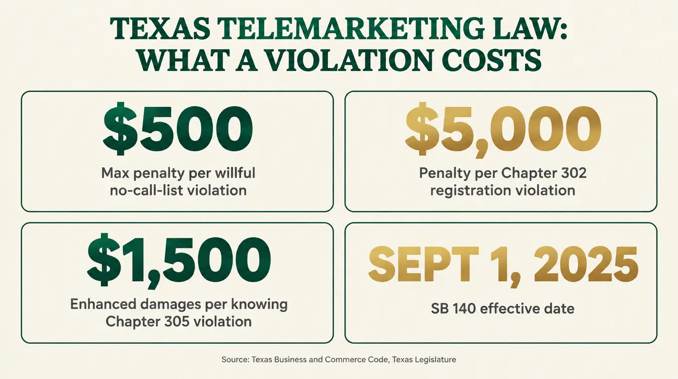 Stat card titled Texas Telemarketing Law: What a Violation Costs, showing four figures. 500 dollars as the per-violation civil penalty cap for a willful Texas no-call list violation under Business and Commerce Code Section 304.257. 5,000 dollars as the per-violation civil penalty for a Chapter 302 registration violation under Section 302.302. 1,500 dollars as the enhanced per-violation damages for a knowing Chapter 305 mobile-consent violation under Section 305.053. September 1, 2025 as the effective date of Senate Bill 140, which added Deceptive Trade Practices Act exposure to Chapters 302 and 304. Sources named on the image: Texas Business and Commerce Code and the Texas Legislature.